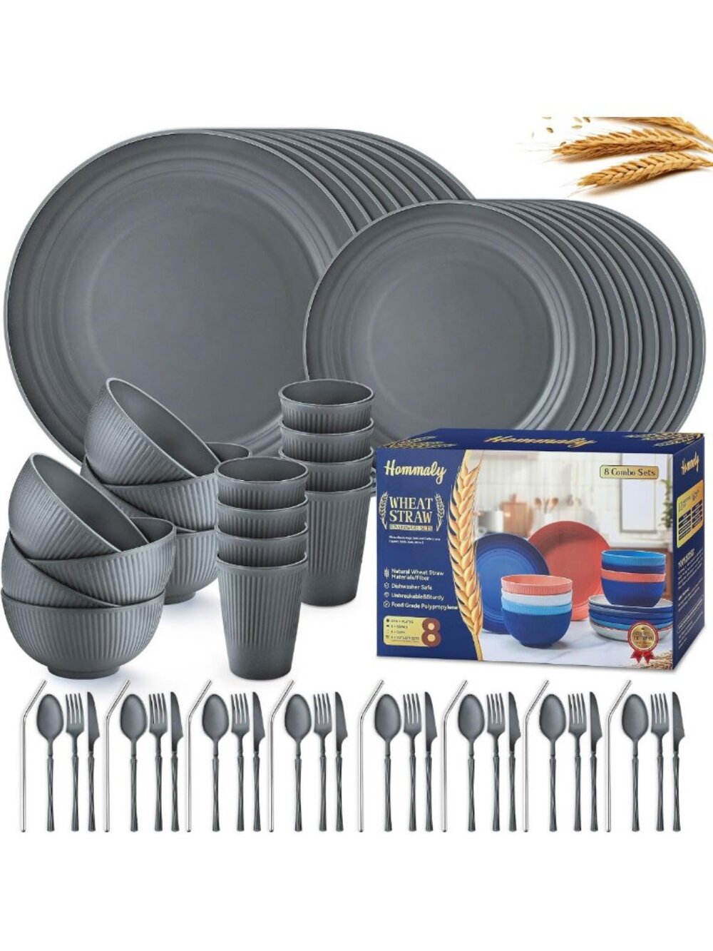 Wheat Straw Dinnerware Sets,64-Piece Plates and Bowls Sets for